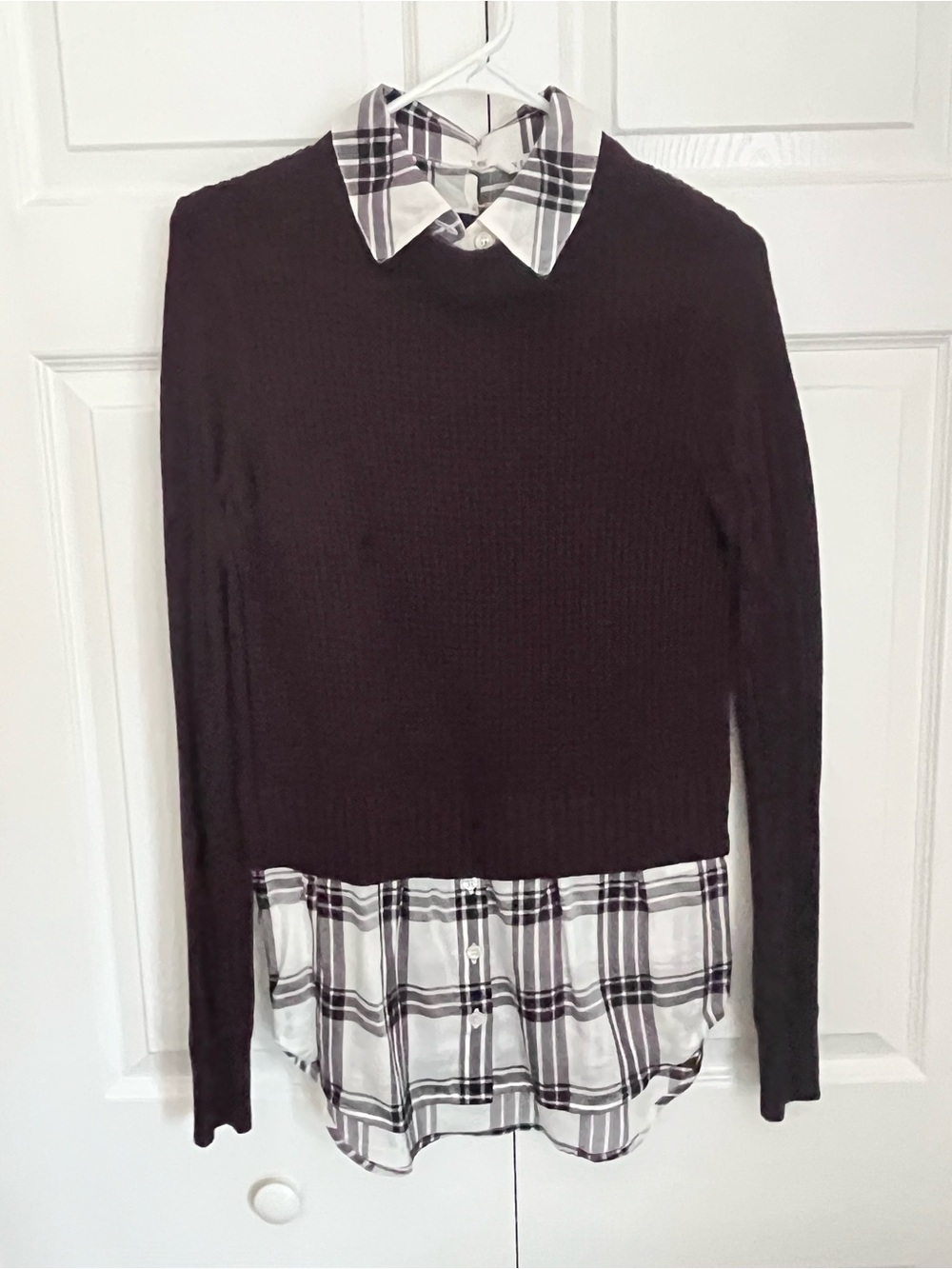 Veronica Beard Black Sweater with White & Black Plaid Shirt Hem